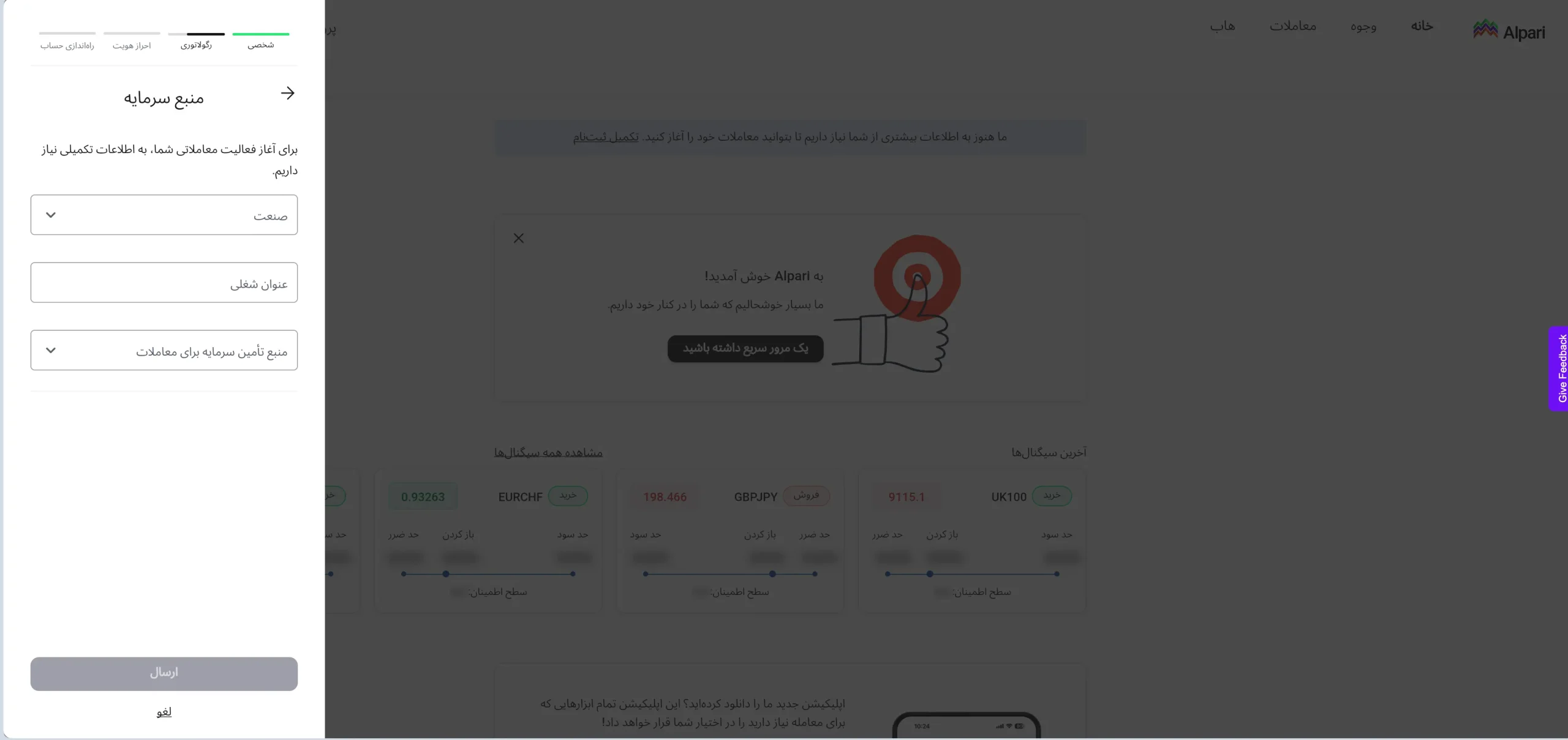 فرم ارائه جزئیات منبع درآمد و حوزه فعالیت در آلپاری
